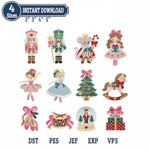 Può includere: Un set di ricami digitali con dodici motivi natalizi tra cui schiaccianoci, un re topo, ballerini, un albero, un cavallo a dondolo, scarpette da danza, un tamburo, una palla di neve e pacchetti regalo, disponibili in 5, 8, 10 e 13 cm.