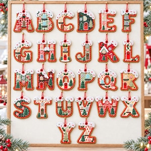May include: A collection of twenty-six hanging ornaments shaped like the letters of the alphabet, each featuring a festive holiday design with red, green, and white patterns, topped with white snow-like accents and red hanging loops.