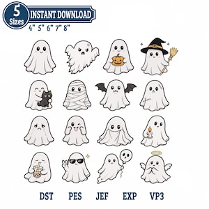 May include: A digital collection of sixteen white ghost illustrations featuring various expressions and accessories like a pumpkin, witch hat, broom, black cat, mummy wrap, bat wings, candle, boba tea, sunglasses, and halo, with text 5 Sizes 4" 5" 6" 7" 8" and file formats.