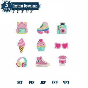 Könnte beinhalten: Ein Stickmuster-Set mit neun Symbolen: ein rosa Rucksack, ein Rollschuh, eine türkisfarbene Kamera, eine Eiswaffel, ein Cupcake, herzförmige Sonnenbrillen, türkisfarbene Kopfhörer, ein rosa High-Top-Sneaker und ein Kaffeebecher mit einem Herz.