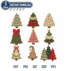 9 Christmas Tree Applique Embroidery Bundle, Plaid Gingham Bow Star Patchwork Holiday Designs, Festive Decor Machine Files, Instant Download