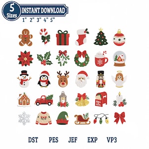 May include: A collection of thirty Christmas-themed machine embroidery designs featuring a gingerbread man, candy cane, gift, stocking, tree, ornament, poinsettia, holly, mistletoe, wreath, cocoa, snow globe, snowman, penguin, reindeer, Santa, nutcracker, angel, house, truck, lantern, bells, mailbox, candle, snowflake, sweater, elf hat, sleigh, light string, and bow.