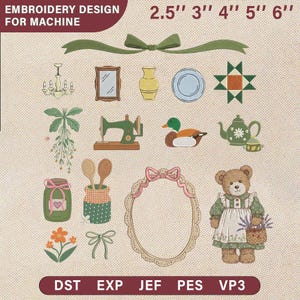 May include: Embroidery design for machine with assorted decorative motifs. Includes a green bow, chandelier, mirror, vase, plate, quilt block, sewing machine, duck, teapot, jar, spoons, frame, teddy bear, flowers, and a bow. Sizes range from 6.35cm to 15.24cm.