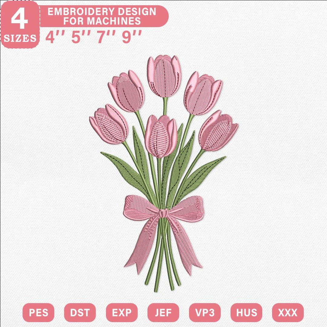 Tulip Bouquet Embroidery Design, Pink Flower Machine Embroidery File ...