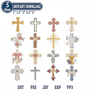 May include: A collection of sixteen distinct cross embroidery designs in various styles, including floral, dove, heart, and chalice motifs. The text 5 Sizes 1" 1.5" 2" 2.5" 3" is at the top, and file formats DST, PES, JEF, EXP, VP3 are at the bottom.