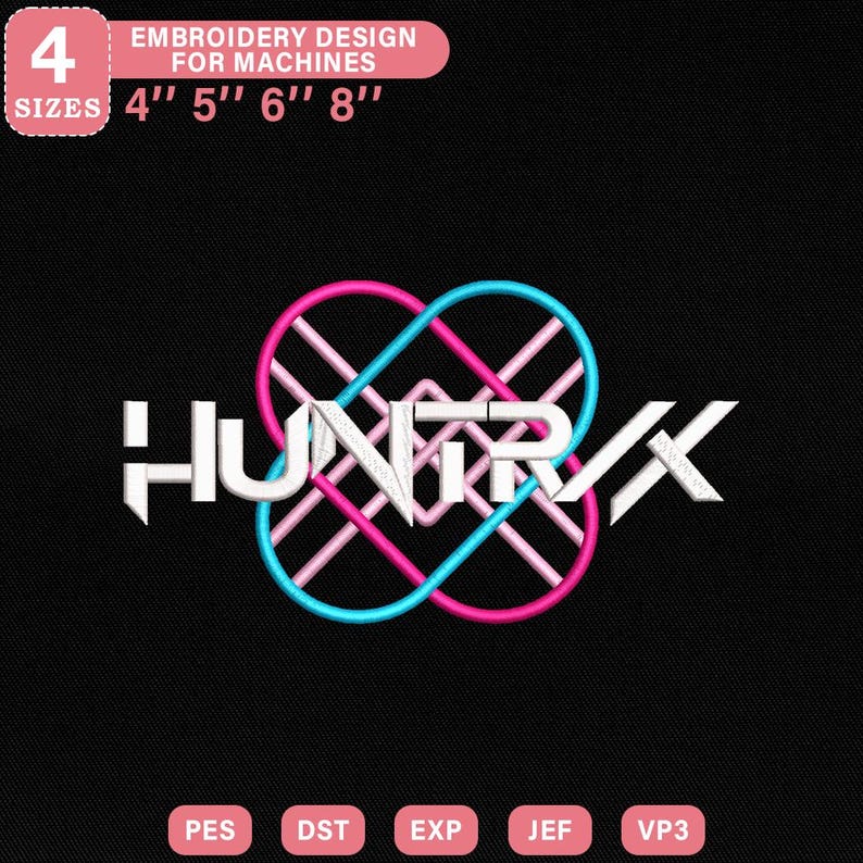 Puede incluir: Fondo negro con el logotipo blanco "HUNTR/X", superpuesto con l&iacute;neas rosas y azules entrelazadas. El dise&ntilde;o es para bordado a m&aacute;quina y est&aacute; disponible en 4 tama&ntilde;os: 10 cm, 13 cm, 15 cm y 20 cm. Formatos de archivo: PES, DST, EXP, JEF y VP3.