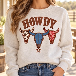 Howdy Longhorn Skull Applique Embroidery Design, Western Cowboy Cow Skull Embroidery File, Rustic Texas Ranch Machine File, Instant Download