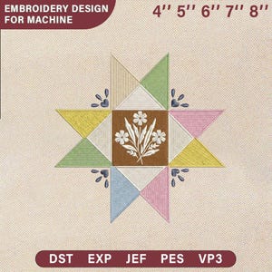 May include: An embroidery design for machine use, featuring a starburst pattern with a floral center. The design includes various colors like green, pink, yellow, and blue. Sizes range from 4" to 8". The design is available in DST, EXP, JEF, PES, and VP3 formats.