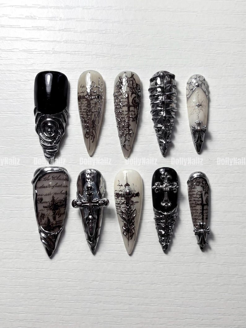 Black White Gothic Press on Nails, Cross Nail Art, Dark Religious Nails ...