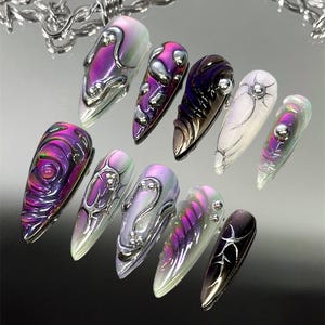 Purple Black Chrome Stiletto Press On Nails: 3D Swirl Gothic Nail Art