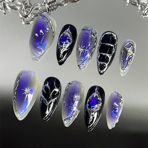 Black Blue Chrome Press On Nails: Long Stiletto 3D Nail Art | Luxury Custom Gel Nails | Handmade Press On Nails