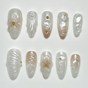 Perle Drücken Sie auf die Nägel | 3D Muschelnägel | Blumen Nägel | Sommer Nägel | Urlaub Nägel | Urlaub Nägel