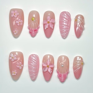 Pink Flower Press On Nails | Floral Nails | Elegant 3D Floral Nail Art | 3D Shell Nails | Summer Nails | Holiday Nail Set