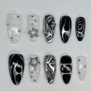 Silver 3D Chrome Nails | Black Gothic  Press On Nails | Y2K Nails | Metallic Silver Nails