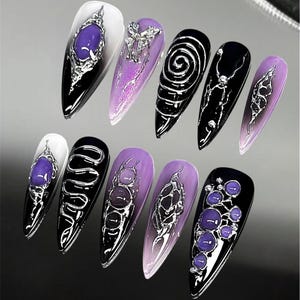 Custom Y2K Press-On Nails – Purple & Silver Chrome with Butterfly Charms | Deep Black Press On Nails | Purple Hnadmade Press On Nails