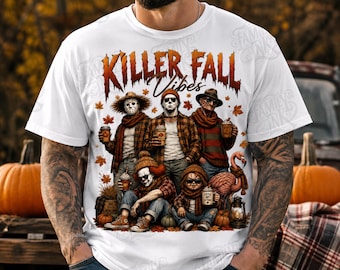 PNG com vibrações assassinas de outono | Design de sublimação de terror para o outono | Arquivo DTF retrô de Halloween | Para amantes de café na temporada assustadora | Design de camiseta de terror outonal