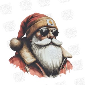 May include: A graphic illustration of a bearded figure wearing a red Santa hat with a pom-pom, a tan beanie with a logo patch, and dark sunglasses. The figure wears a red jacket with a tan faux-fur collar. The background features a repeating watermark.