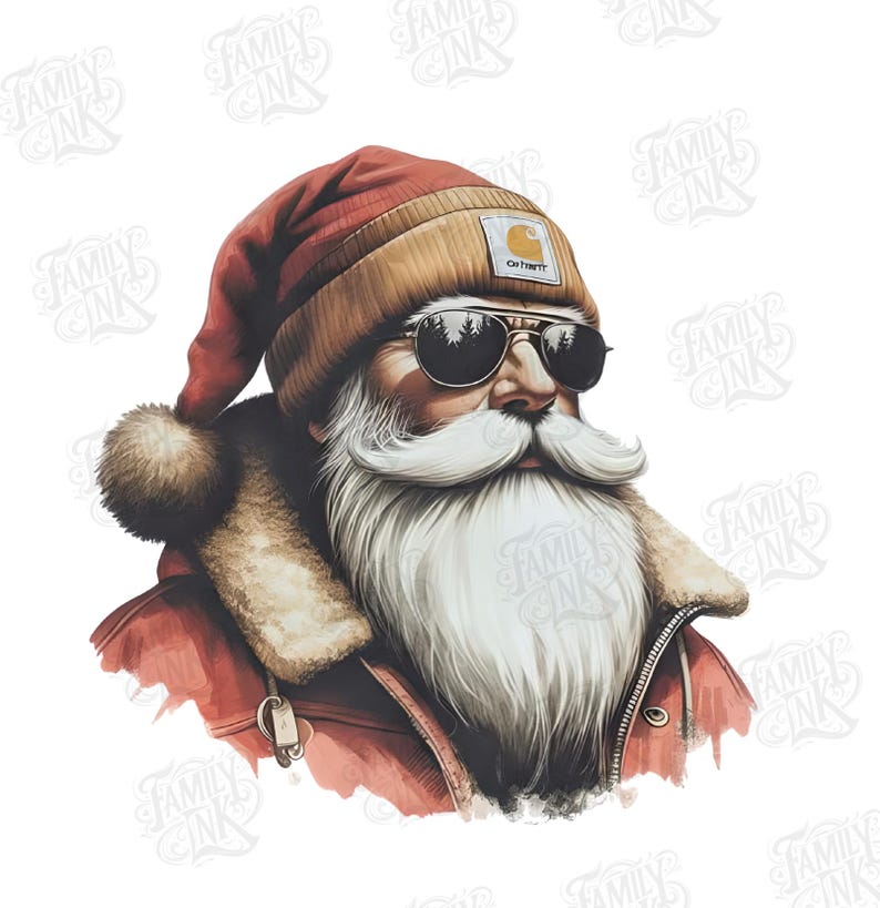 May include: A graphic illustration of a bearded figure wearing a red Santa hat with a pom-pom, a tan beanie with a logo patch, and dark sunglasses. The figure wears a red jacket with a tan faux-fur collar. The background features a repeating watermark.