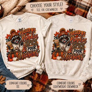Maglietta "Fueled by Pumpkin Spice", divertente procione autunnale, felpa "Pumpkin Spice", maglietta autunnale dai colori confortevoli, girocollo autunnale accogliente, leopardo autunnale