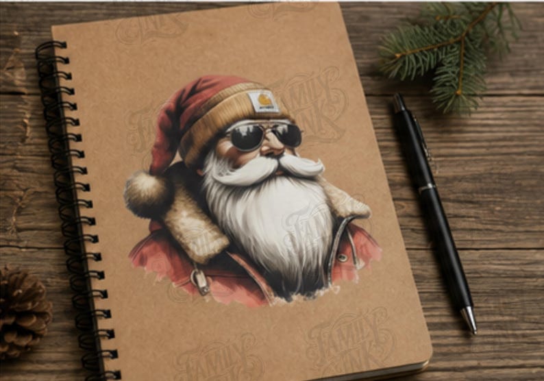 May include: A spiral-bound notebook with a tan cover featuring a graphic illustration of Santa Claus wearing a red hat, a tan beanie, and black sunglasses. The illustration shows Santa with a long white beard and a red jacket with fur trim.