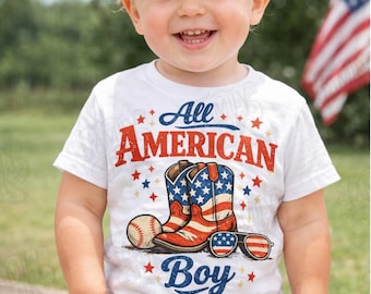 Camiseta All American Boy, Conjunto para el 4 de julio para niños pequeños, Camiseta patriótica para niños, Camiseta Americana para niños, Camiseta de barbacoa de verano, Camiseta de botas vaqueras del oeste