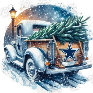 May include: A watercolour illustration of a vintage truck laden with a Christmas tree in a snowy setting. The truck features a wooden bed, a blue star emblem, and brown boots. A lamppost glows in the background.