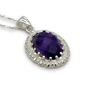 Natural Amethyst Shiny Pendant Necklace for Women - Boho 925 Sterling Silver Jewelry - Birthstone of February - Ottoman Style Gift for Her