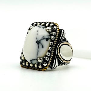 White Turquoise Silver Ring for Men – Rectangle Head, Ottoman Style Jewelry – Ring with Veined Stone - Handmade 925 Sterling Silver Jewelry