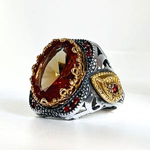 Może przedstawiać: Ozdobny srebrny pierścionek z dużym, owalnym, bursztynowym kamieniem w złotej oprawie filigranowej. Pierścionek ma czerwone kamienie akcentujące i złoty detal tarczy. Tekst "Captured in natural sunlight" znajduje się na dole.