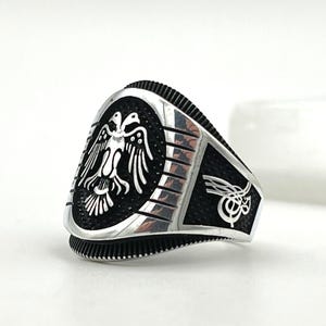 Double-Headed Eagle and Tughra Motifs Ring for Him - Ottoman Style Band - Handcrafted 925 Sterling Silver Ring - Vintage Signet Ring