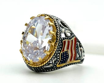 Shiny White CZ Silver Ring for Him – American Flag Patriotic Statement Jewelry