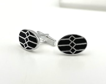 Sterling Silver Enamel Cufflinks: Geometric Design Oval Head Men's Jewelry
