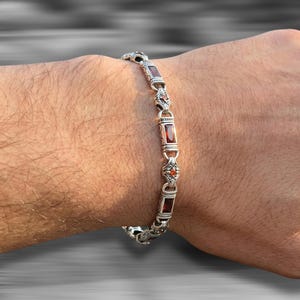 Pulsera auténtica de plata de ley decorada con rubí naranja para hombre: cadena de eslabones estilo vintage