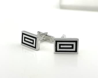 Black Enamel Accented Sterling Silver Men's Cufflinks: Geometric Rectangular Design Jewelry