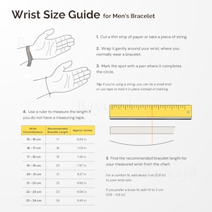 Peut inclure: Un guide des tailles de poignet pour bracelet pr&eacute;sentant cinq &eacute;tapes illustr&eacute;es par des dessins au trait de mains et une r&egrave;gle jaune. Un tableau indique la circonf&eacute;rence du poignet en centim&egrave;tres et les longueurs de bracelet recommand&eacute;es.