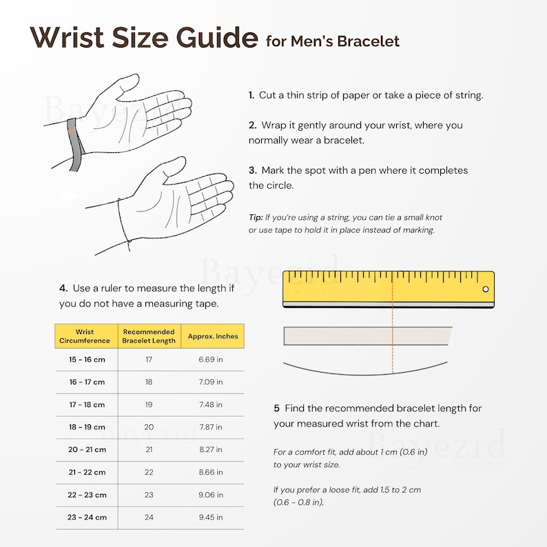 Peut inclure: Un guide des tailles de poignet pour bracelet pr&eacute;sentant cinq &eacute;tapes illustr&eacute;es par des dessins au trait de mains et une r&egrave;gle jaune. Un tableau indique la circonf&eacute;rence du poignet en centim&egrave;tres et les longueurs de bracelet recommand&eacute;es.