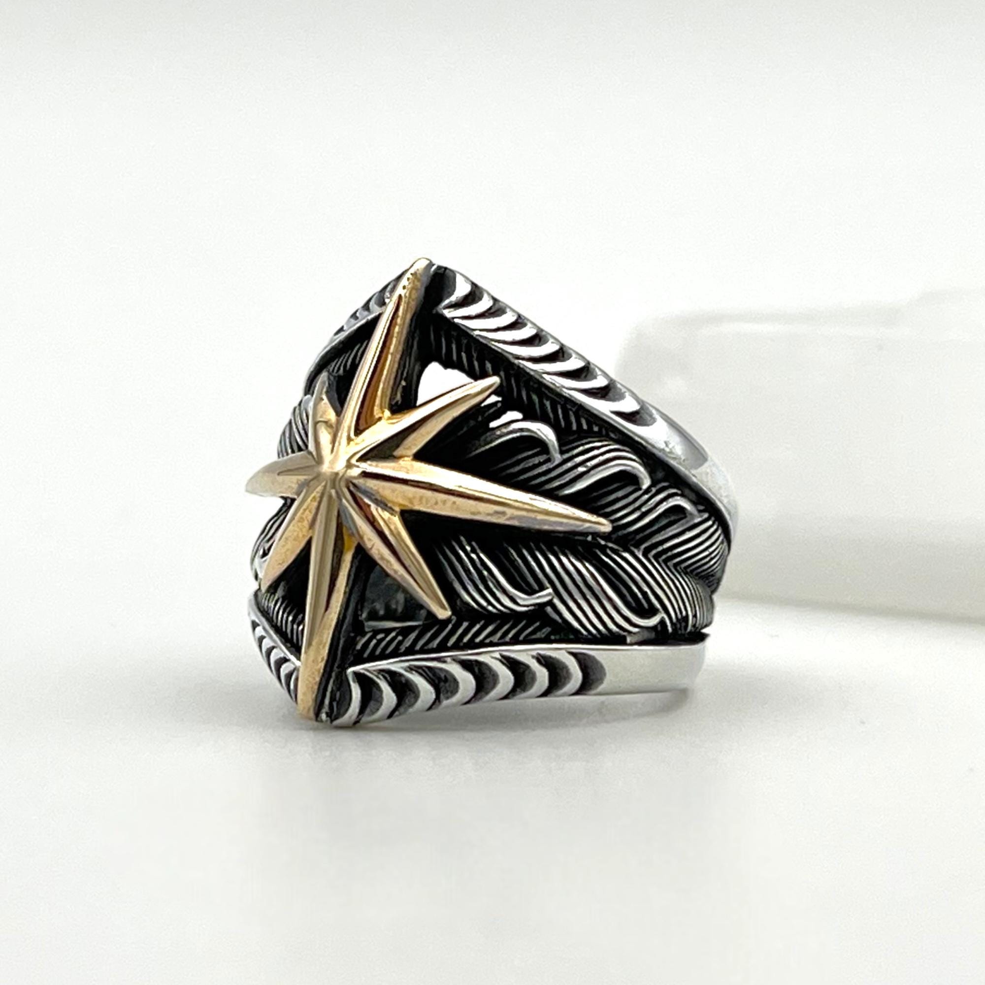 8-pointed Star Detailed Silver Ring for Him - Patterned Band
