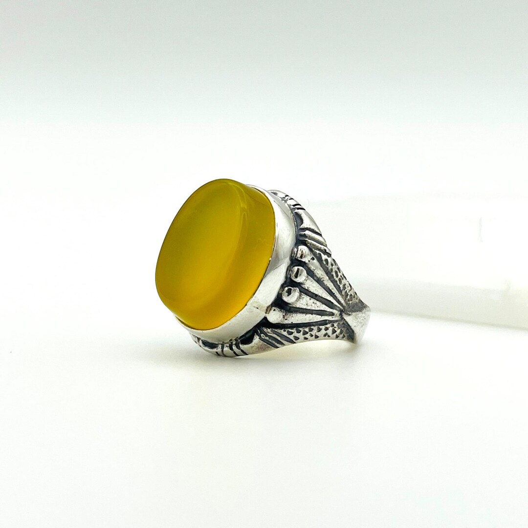 Yellow Yemeni Agate Silver Ring – Handmade 925 Sterling, Vintage Boho ...
