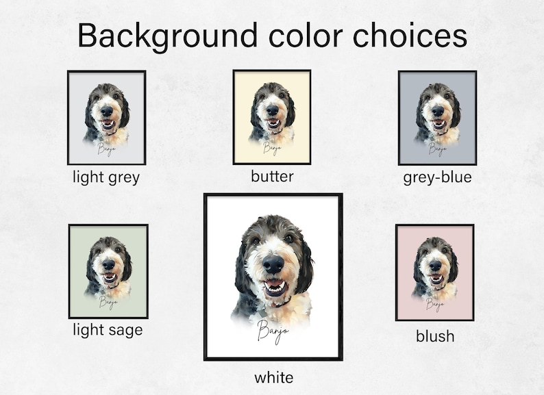 Puede incluir: La imagen muestra una selecci&oacute;n de retratos de perros enmarcados con diferentes colores de fondo: gris claro, mantequilla, gris-azul, verde salvia claro, blanco y rubor. Cada retrato presenta un perro blanco y negro con el nombre "Baya" escrito debajo.
