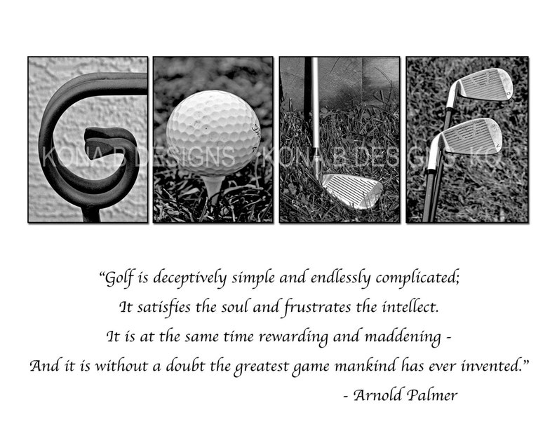 Puede incluir: Obra de arte en blanco y negro con tem&aacute;tica de golf. La palabra "GOLF" se deletrea con im&aacute;genes: una "G" de metal, una pelota de golf en un tee, un palo de golf y dos palos de golf. Incluye una cita de Arnold Palmer.