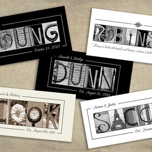 May include: A collection of framed art prints featuring names spelled out with various objects and textures. Each print includes names and dates, with a black and white color scheme. The prints are displayed on a neutral background.
