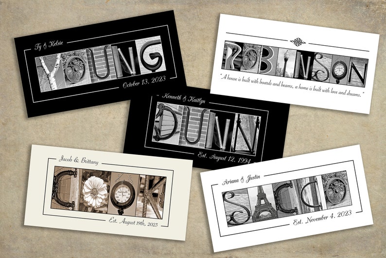 May include: A collection of framed art prints featuring names spelled out with various objects and textures. Each print includes names and dates, with a black and white color scheme. The prints are displayed on a neutral background.