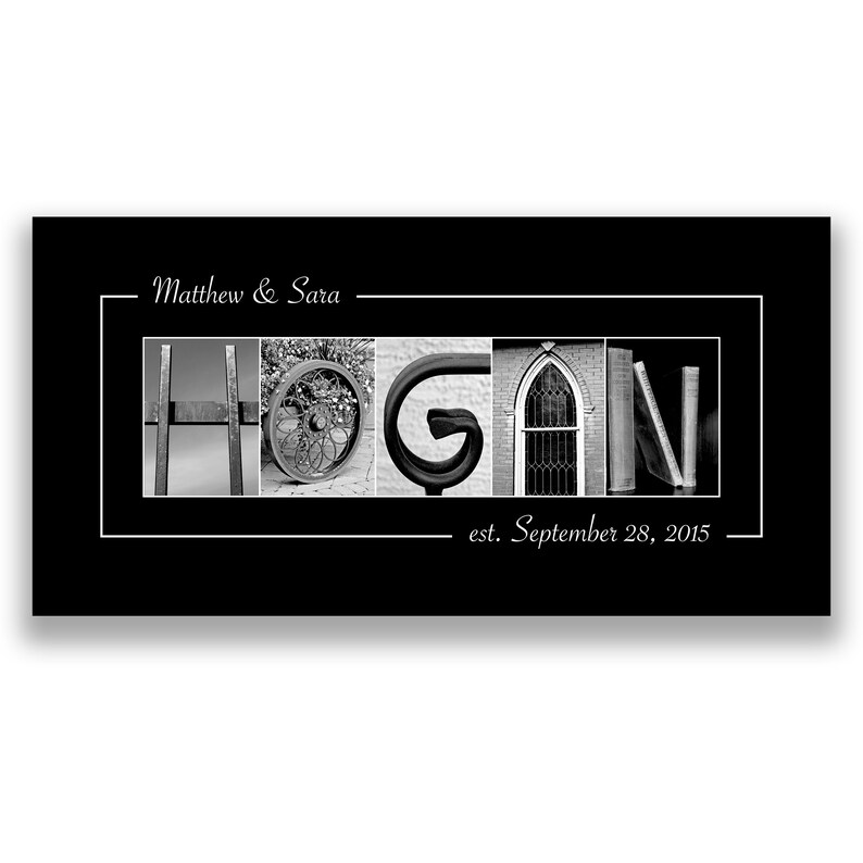 May include: Black and white framed print with the name "HOGAN" spelled out using various objects. The names "Matthew & Sara" and the date "est. September 28, 2015" are also displayed.