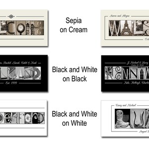 May include: A collection of personalized art prints featuring names and dates. The prints use sepia and black and white photography to spell out words like "WELCOME" and "WALSH". Each print is framed and includes names and dates.