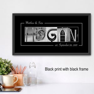 May include: Black and white framed print with the name "HOGAN" spelled out using various images. The names "Matthew & Sara" and the date "September 28, 2015" are also displayed.