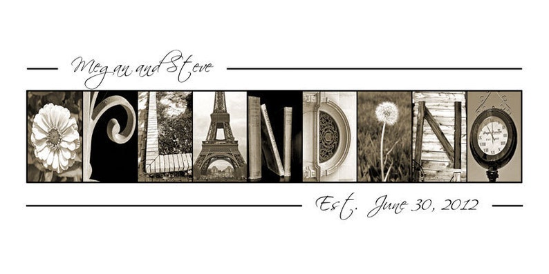 Alphabet Photography Name Frame Photo Letters 10x20 Print unframed Custom Wedding Print