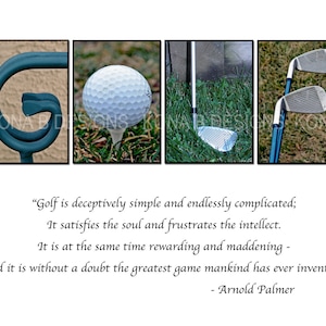 Puede incluir: Impresi&oacute;n enmarcada con la palabra "GOLF" compuesta por im&aacute;genes individuales. Las letras est&aacute;n representadas por una estructura met&aacute;lica turquesa, una pelota de golf sobre un tee, un palo de golf y dos palos de golf. Incluye una cita de Arnold Palmer.