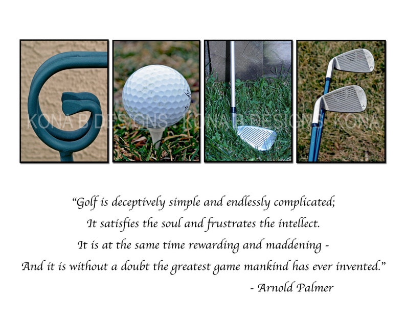 Puede incluir: Impresi&oacute;n enmarcada con la palabra "GOLF" compuesta por im&aacute;genes individuales. Las letras est&aacute;n representadas por una estructura met&aacute;lica turquesa, una pelota de golf sobre un tee, un palo de golf y dos palos de golf. Incluye una cita de Arnold Palmer.