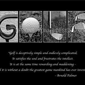 Puede incluir: Obra de arte en blanco y negro con tem&aacute;tica de golf. La palabra "GOLF" se deletrea con im&aacute;genes de un palo de golf, una pelota de golf en un tee y palos de golf. Tambi&eacute;n se incluye la cita "El golf es enga&ntilde;osamente simple..." de Arnold Palmer.