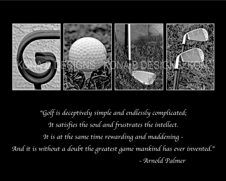 Puede incluir: Obra de arte en blanco y negro con tem&aacute;tica de golf. La palabra "GOLF" se deletrea con im&aacute;genes de un palo de golf, una pelota de golf en un tee y palos de golf. Tambi&eacute;n se incluye la cita "El golf es enga&ntilde;osamente simple..." de Arnold Palmer.